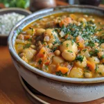 Close-up de Cuscuz marroquino com legumes e castanha em um prato.