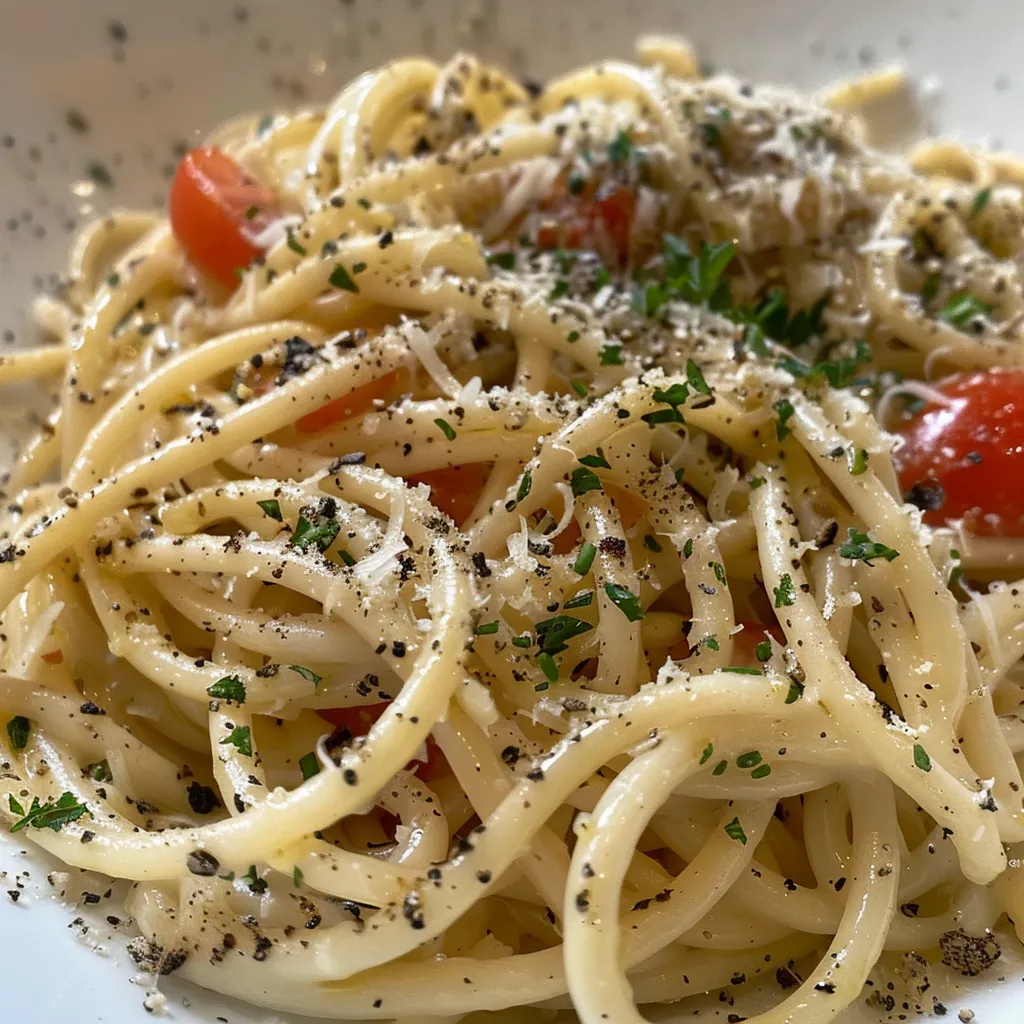 Side view of a plate of spaghetti topped with a yogurt and garlic sauce.