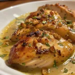 Close-up of a juicy Frango ao Molho de Iogurte garnished with fresh herbs.