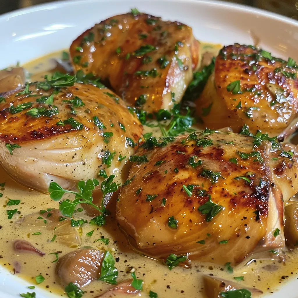 Side view of tender chicken fillet in creamy yogurt sauce with lemon zest.