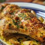 Frango grelhado suculento coberto com molho coronel em um prato branco.