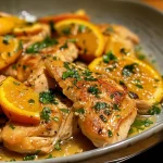 Close-up view of juicy Frango Laranja in a bowl, highlighting golden-brown chicken cubes.
