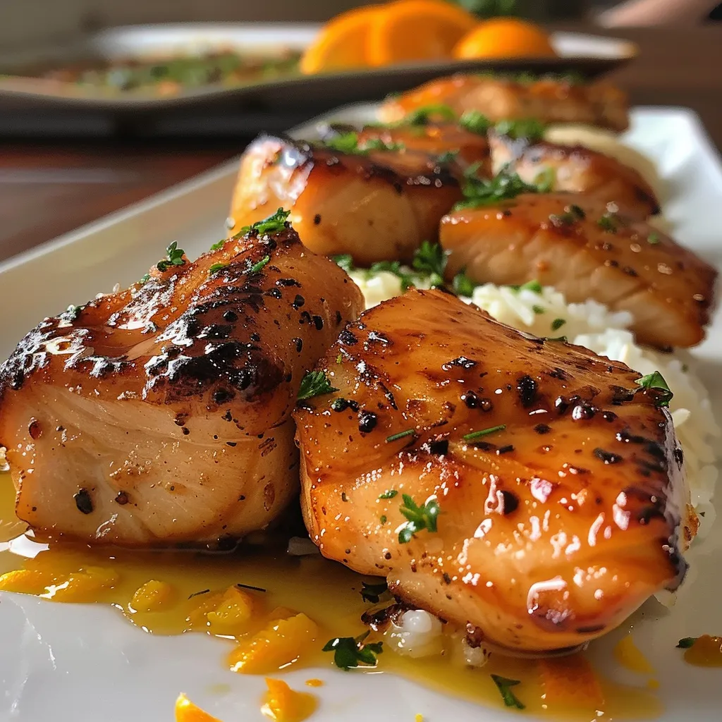 Side angle of mouthwatering Frango Laranja with a glossy orange glaze and sesame topping.