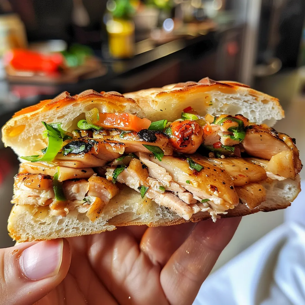 Side view of a sandwich filled with shredded chicken and fresh vegetables.