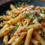 Close-up da massa penne com legumes em molho cremoso, com detalhes vibrantes dos ingredientes.