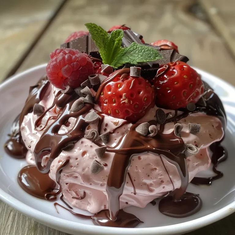 Close-up view of a layered mousse de morango com chocolate in a glass.