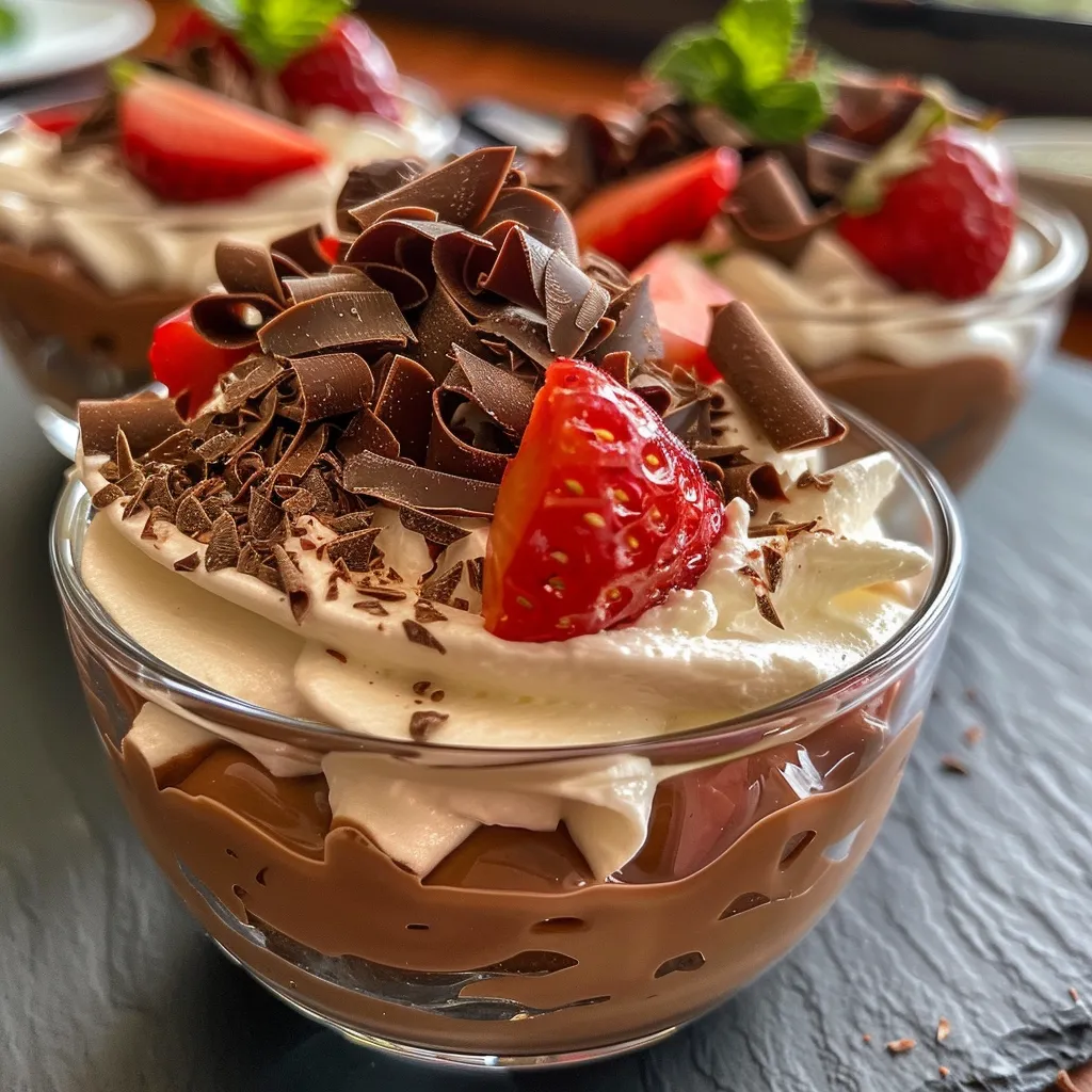 Side view of a creamy strawberry chocolate mousse topped with chocolate shavings.