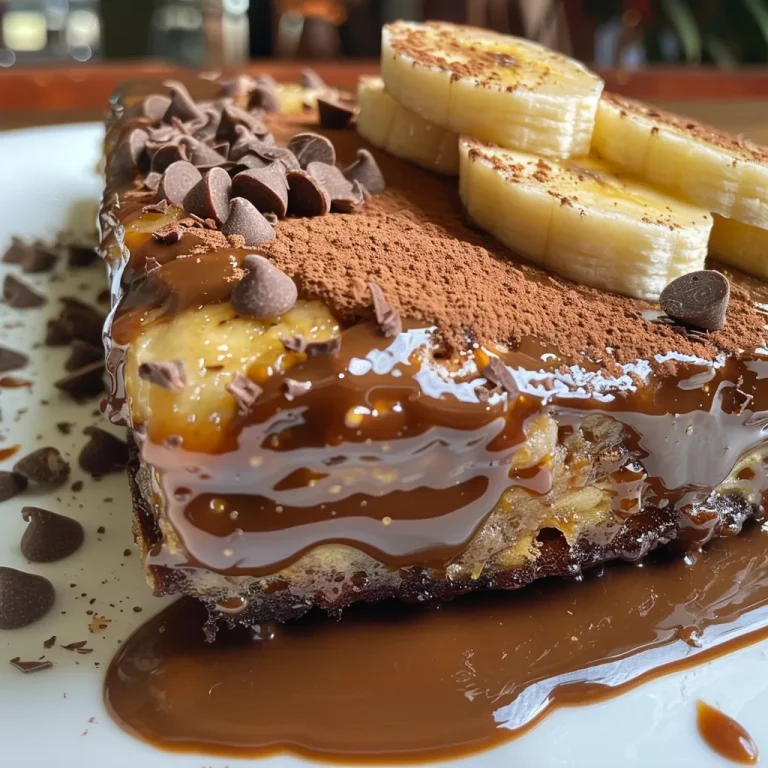 Close-up de uma panqueca de chocolate e banana, com camadas visíveis e cobertura de gotas de chocolate.