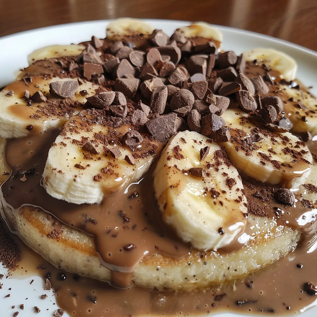 Panqueca de chocolate e banana, servida com rodelas de banana e nibs de cacau, vista lateral.