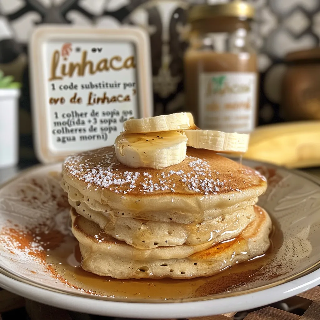 Side view of fluffy oatmeal and banana pancakes topped with a drizzle of syrup.