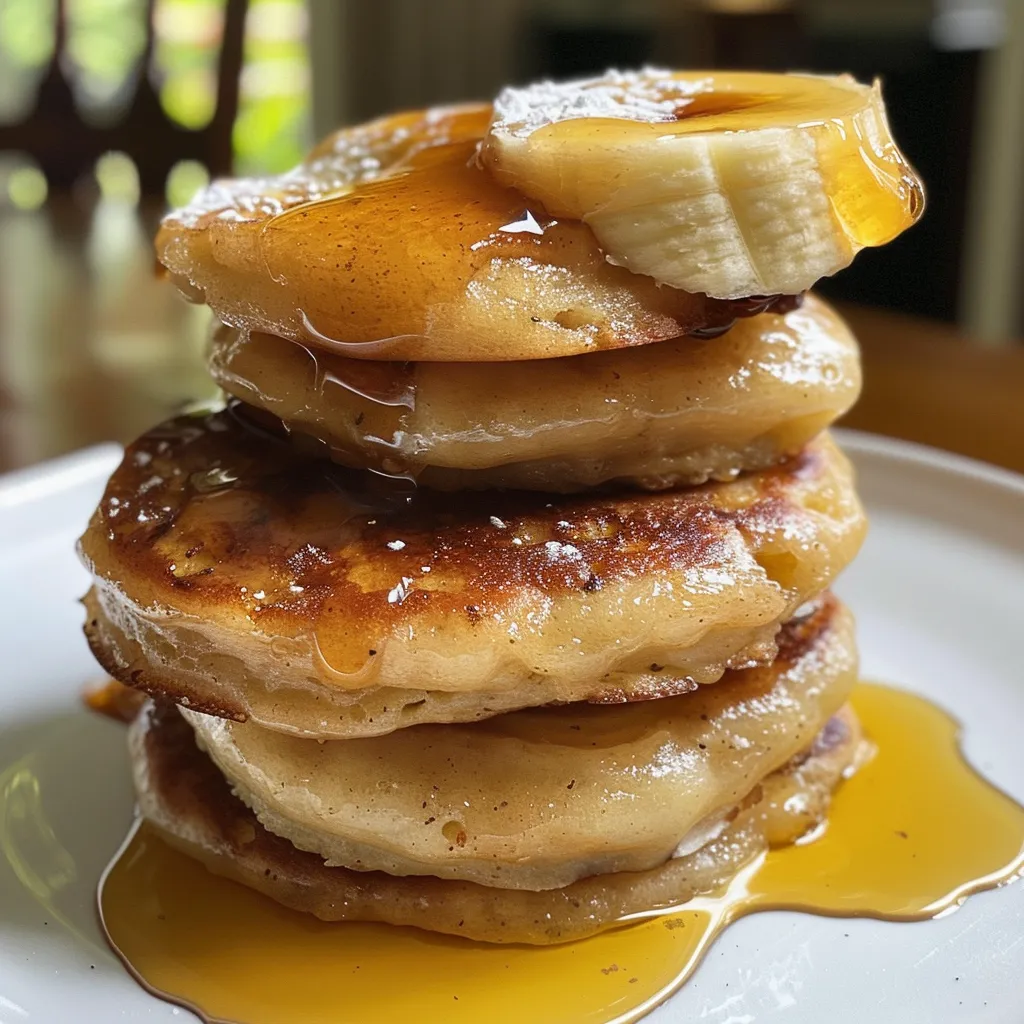 Close-up de panquecas de banana cobertas com syrup e rodelas de banana.