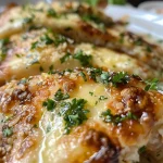 Peito de frango gratinado com queijo e ervas, apresentado em um prato raso.