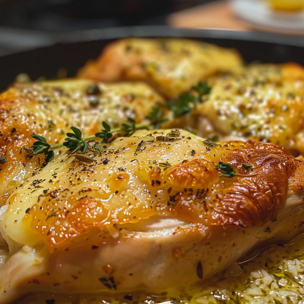 Close-up de peito de frango gratinado, com coberturas de queijo e ervas frescas.