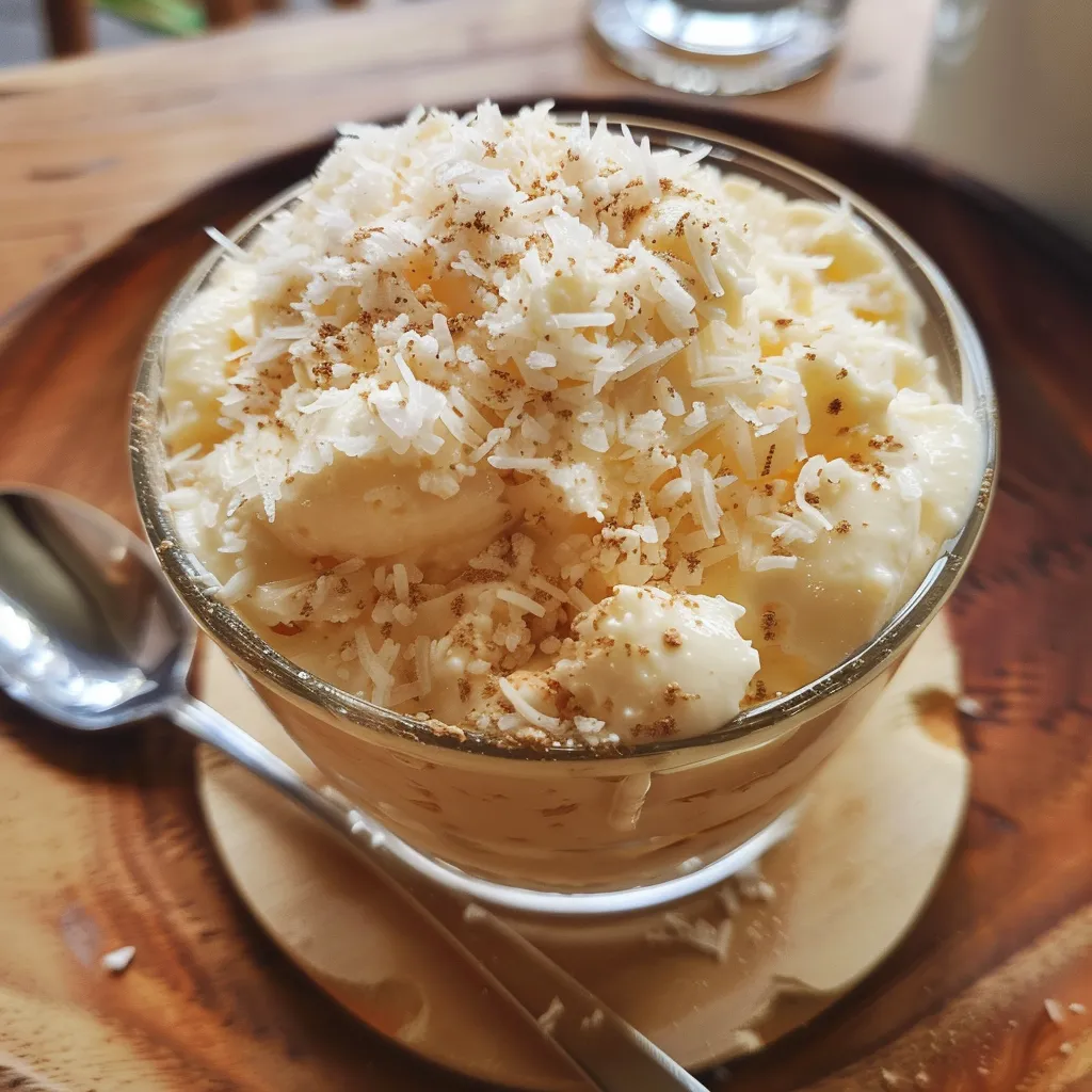 Side angle view of a delicious pudim de coco, with a glossy surface and a sprinkle of coconut flakes.