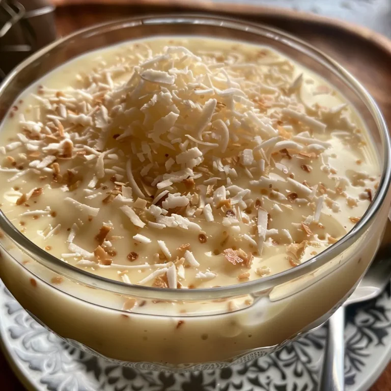 Pudim de coco visto de lado, com textura cremosa e coco ralado em cima.