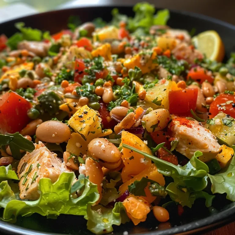 Close-up of a colorful salad featuring couscous, vegetables, and chicken, presented in a bowl.