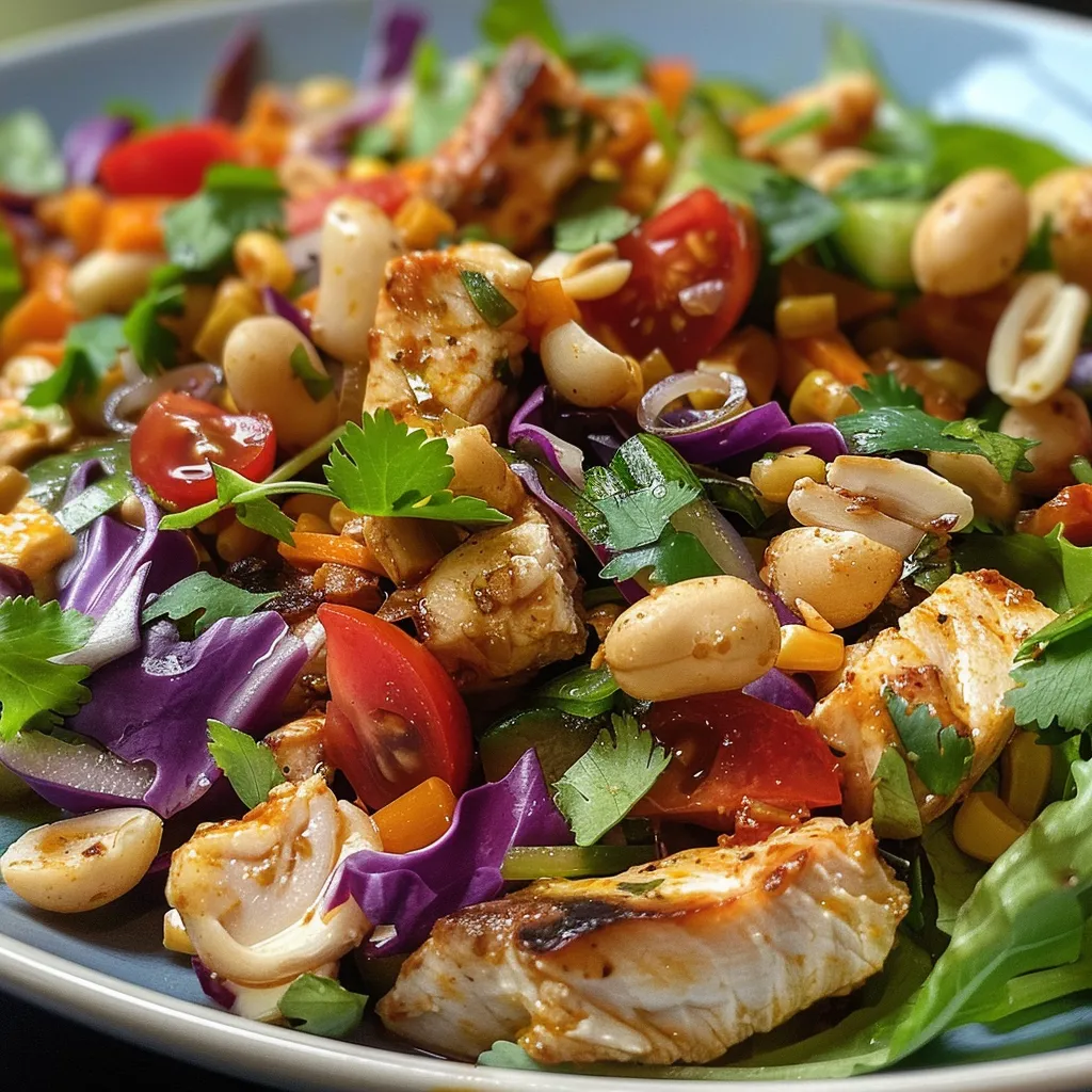 Close up de salada de cuscuz com frango e vegetais frescos em prato branco.