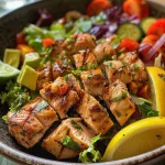 Salada de Frango com Abacate em close, mostrando cubos de abacate e peito de frango desfiado.