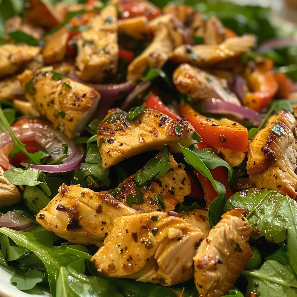 Close-up de uma salada de frango desfiado com cenoura e alface fresca.