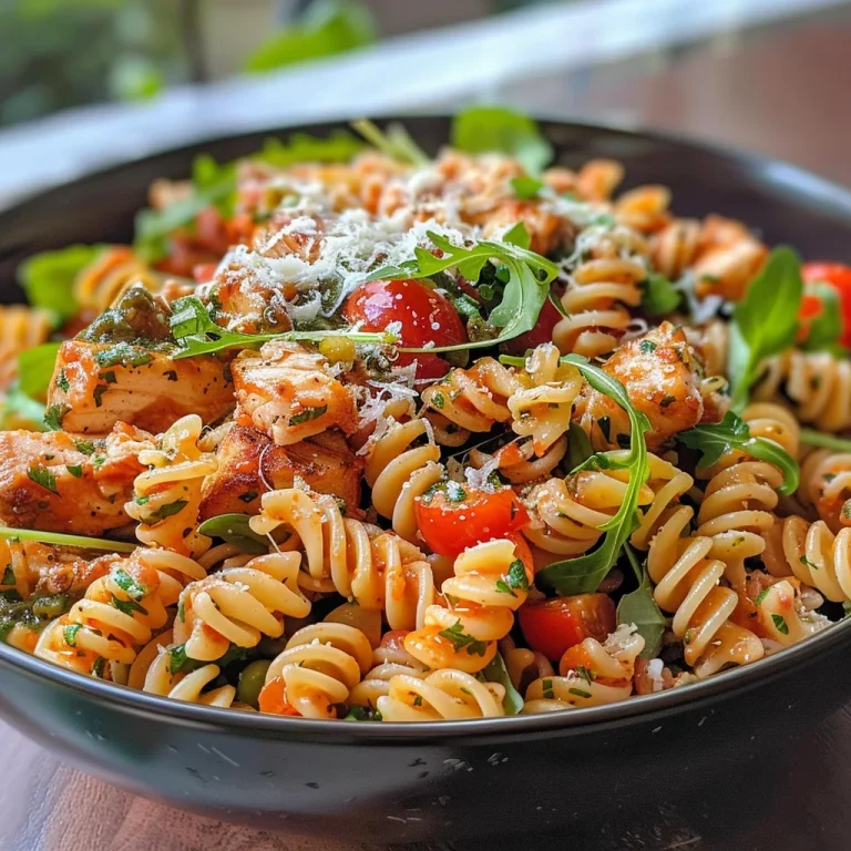 Salada de massa fusilli com frango em um prato colorido.