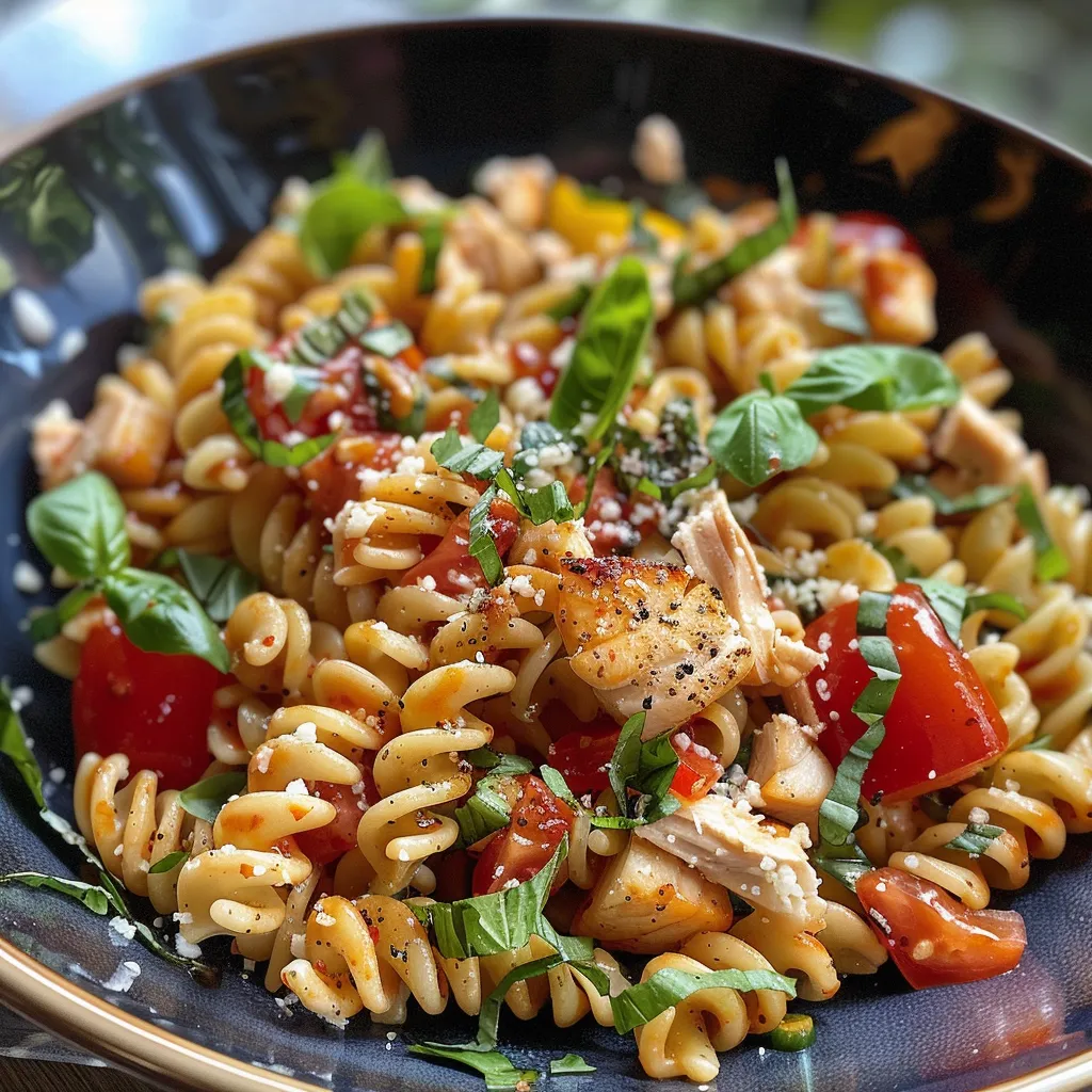 Close-up de uma salada de fusilli com frango e vegetais frescos.