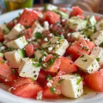 Salada de melancia com queijo feta, rúcula e vegetais frescos.