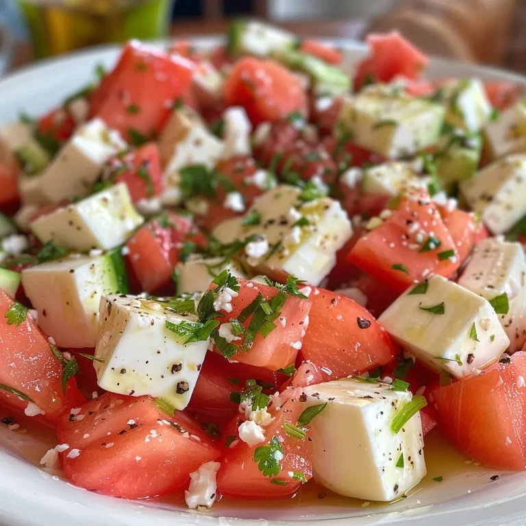 Refresque Seu Ver o com Esta Salada de Melancia e Queijo Feta! Salada de melancia com queijo feta, rúcula e vegetais frescos.