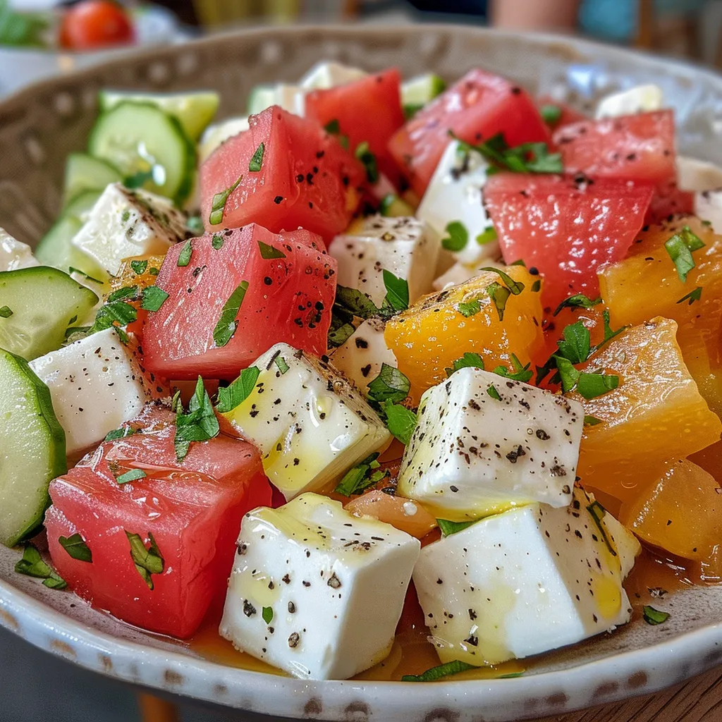 Close-up de uma salada vibrante com cubos de melancia e queijo feta.