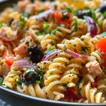 Close-up of a colorful cold pasta salad with tuna and vegetables.