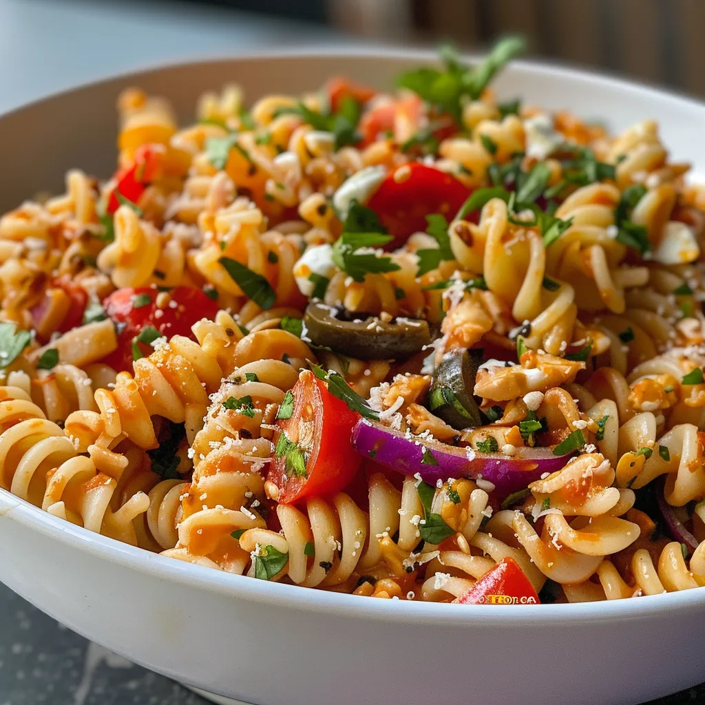 A vibrant side view of ensalada de pasta fria con atún in a bowl.