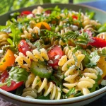 Salada Fria de Massa em um prato com fusilli colorido, tomate-cereja e azeitonas.