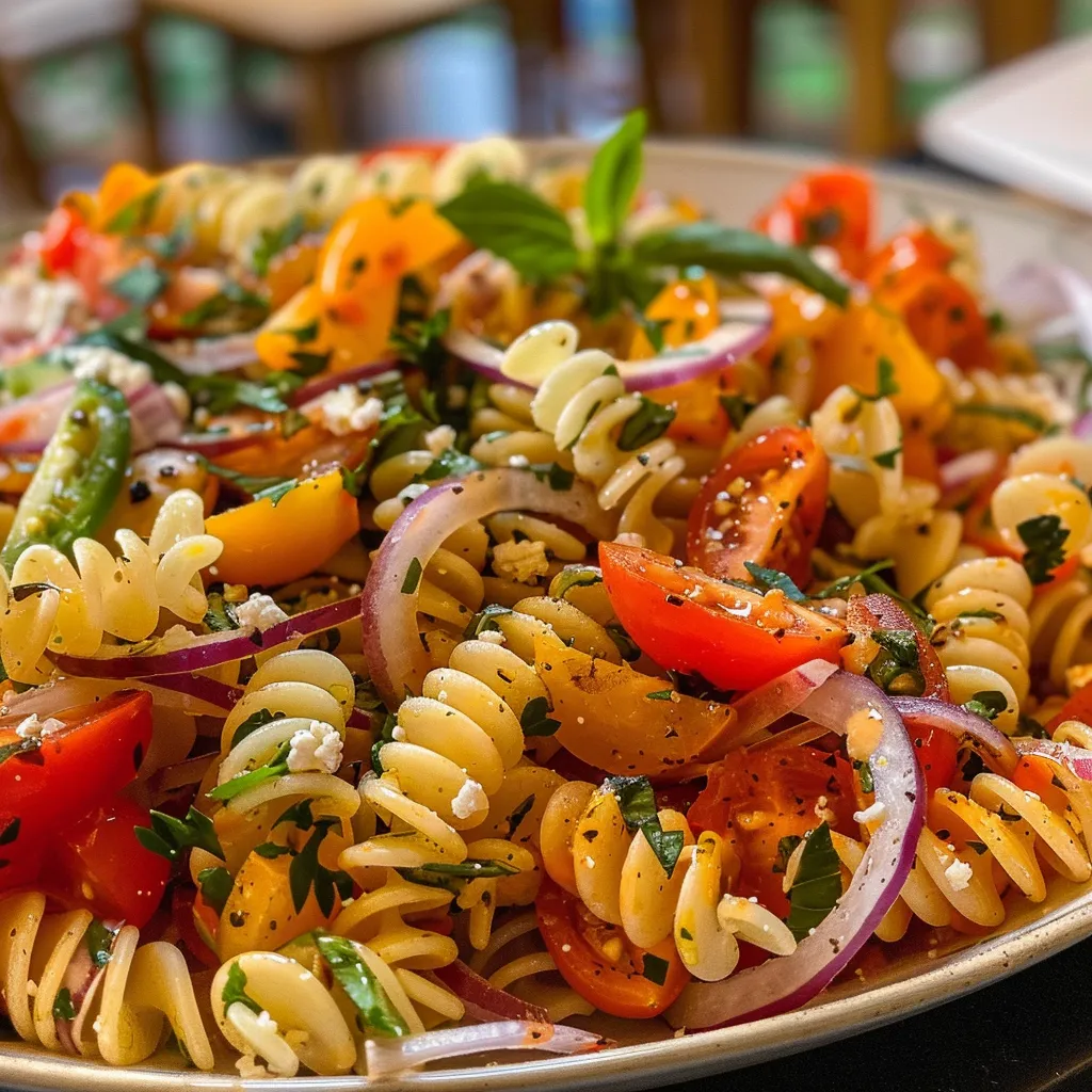 Close-up de uma salada de massa com iogurte, mostrando ingredientes frescos e vibrantes.