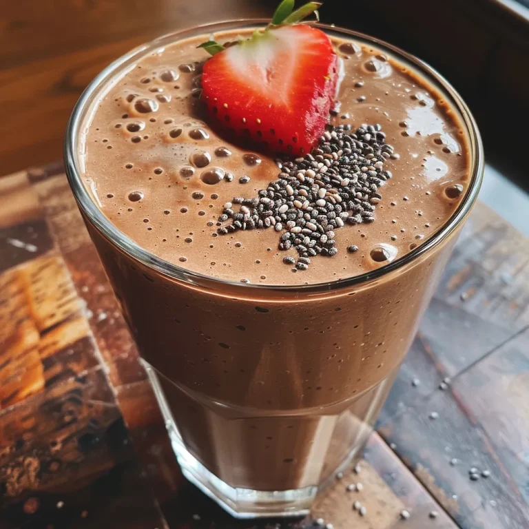 Close-up de um smoothie de banana e chocolate em um copo transparente.