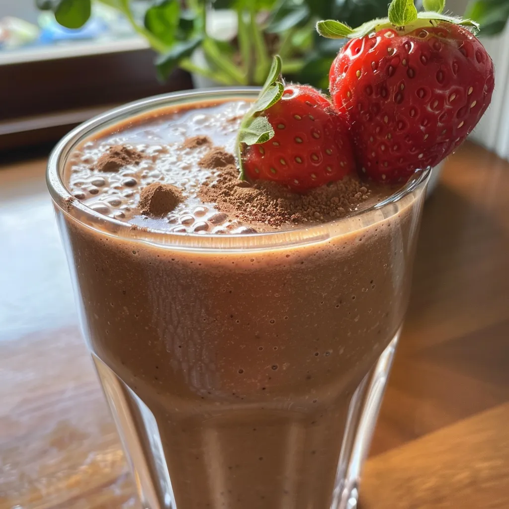 Foto lateral de um smoothie cremoso com pedaços de frutas visíveis.
