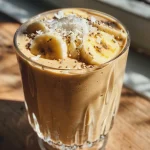 Close-up de um smoothie cremoso de coco e banana em um copo, com cubos de gelo visíveis.