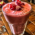 Smoothie de frutas vermelhas em um copo, com frutas visíveis ao fundo.