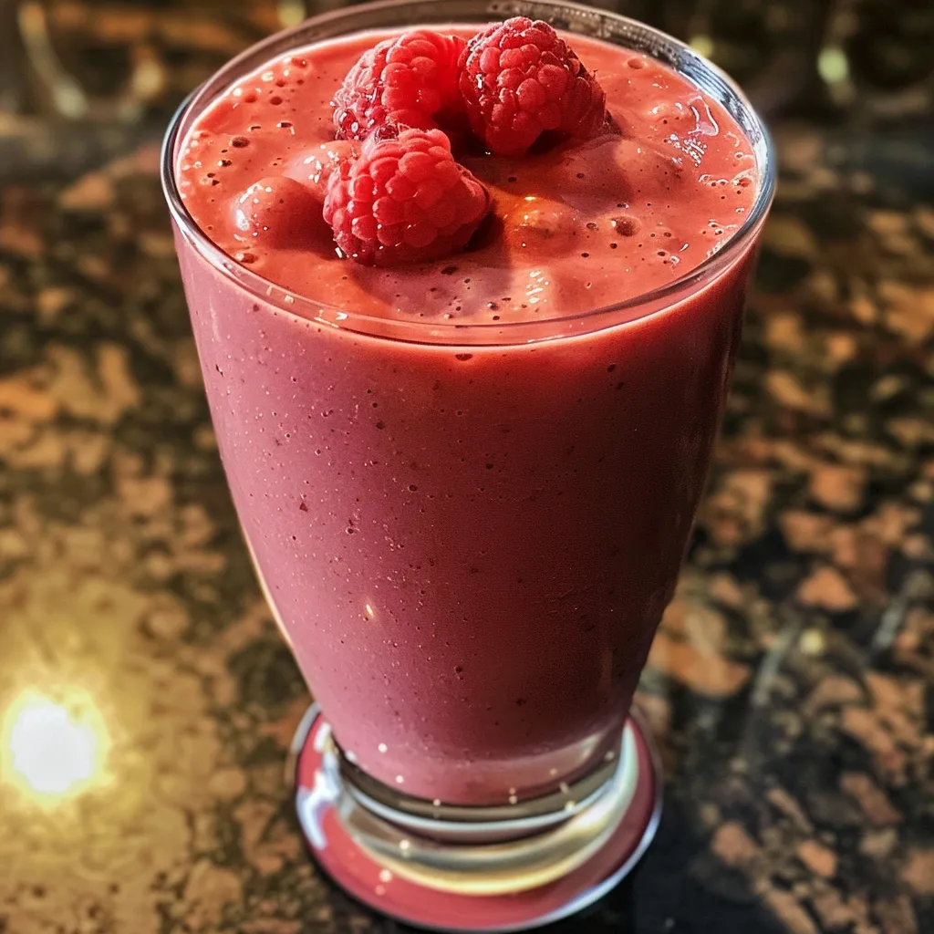 Close-up de um smoothie de frutas vermelhas, mostrando uma textura cremosa e espessa.
