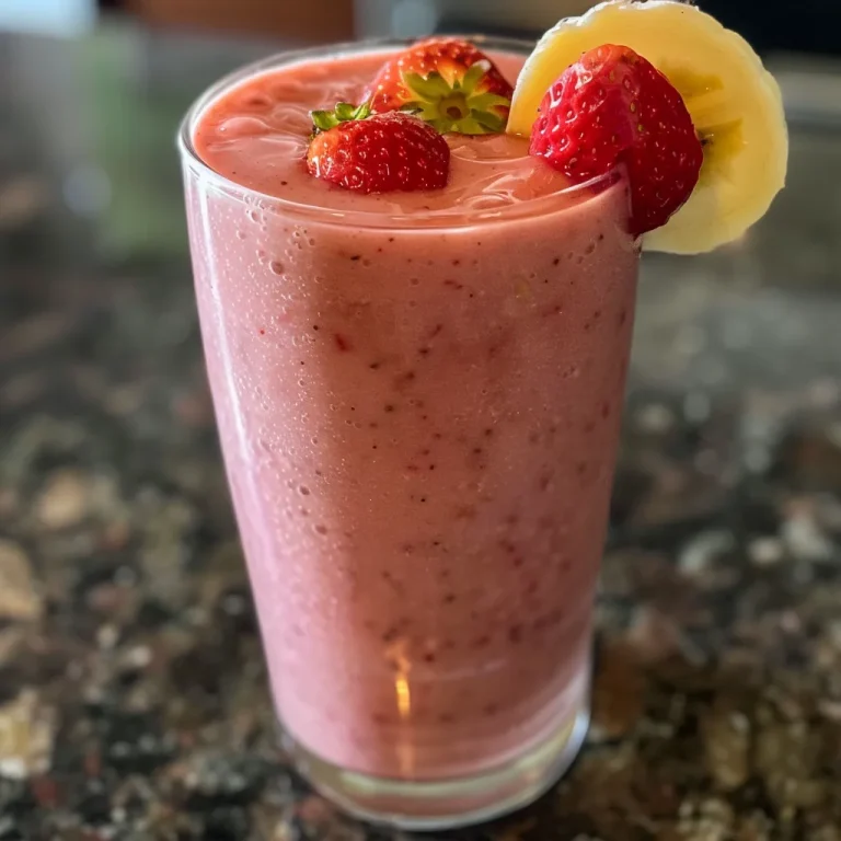 Close-up de um smoothie cremoso de morango e banana em um copo.