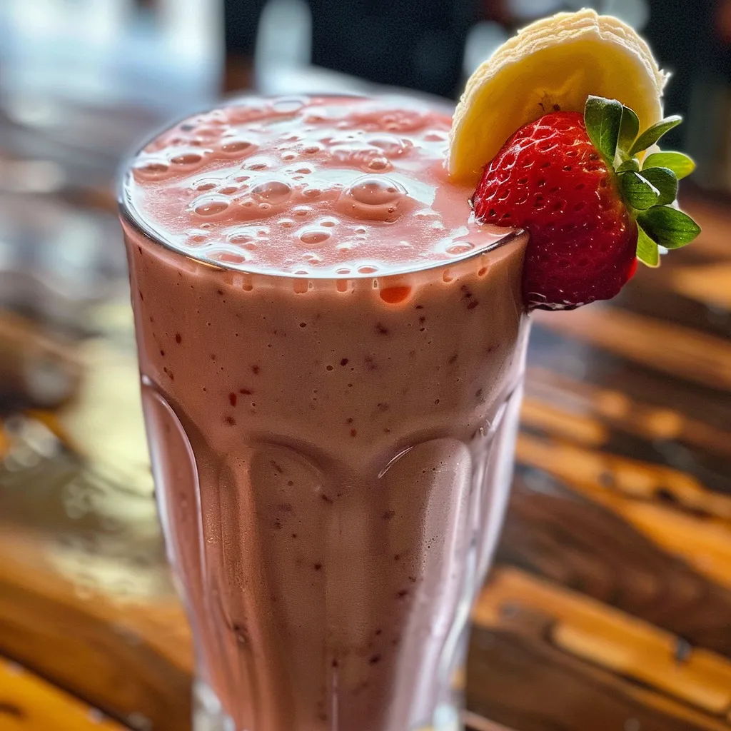 Smoothie de morango e banana em um copo transparente, com textura suave.