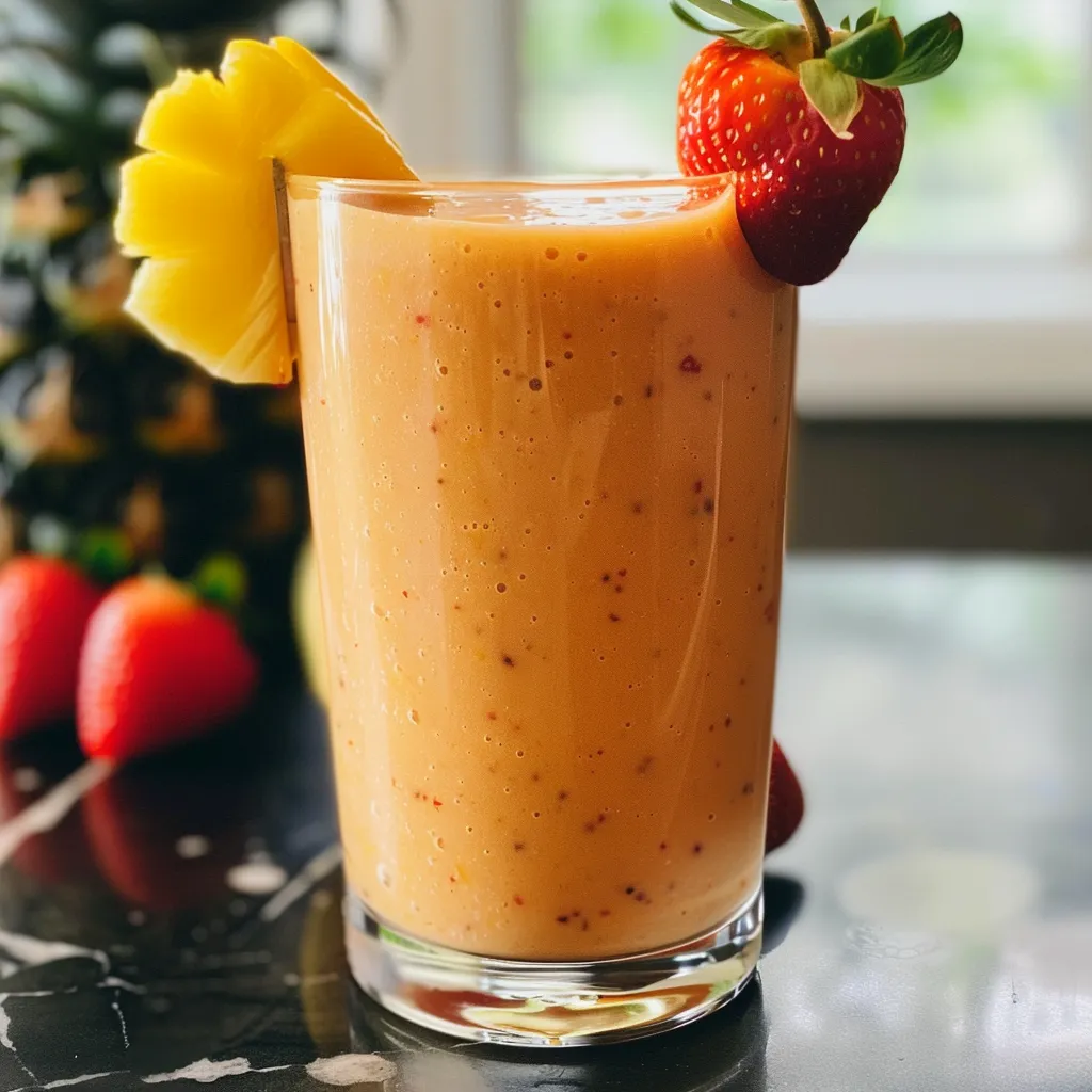 Close de um smoothie de frutas tropicais, com camadas de cores vibrantes.