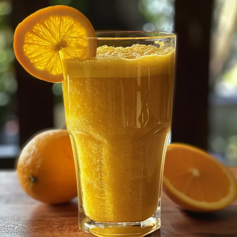 Close-up of a glass of Suco de Laranja com Gengibre with a side view.