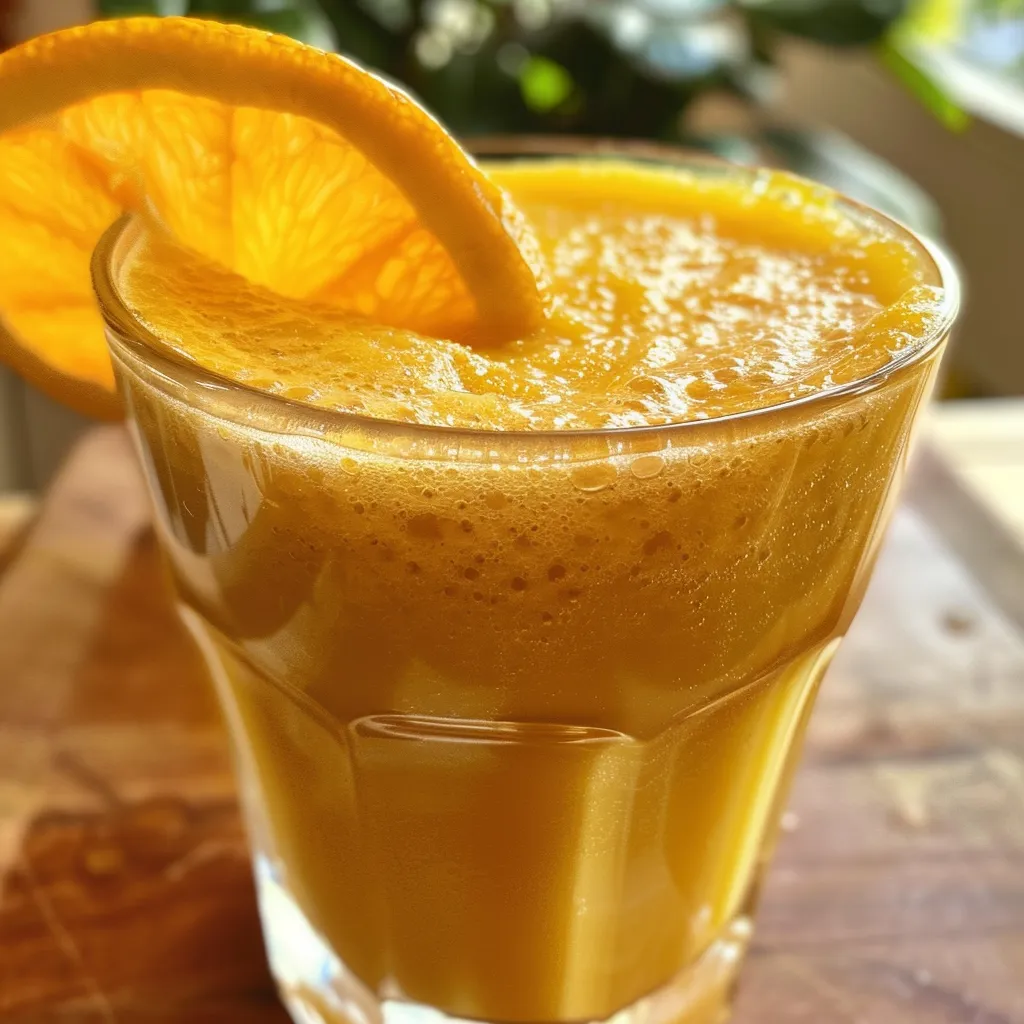 Refreshing orange juice with ginger in a clear glass on a wooden surface.