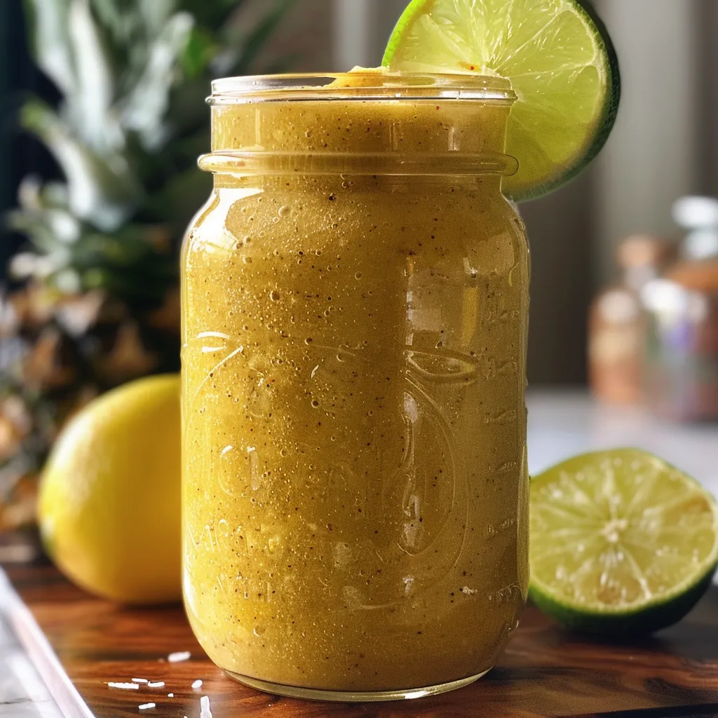 Close-up de suco detox refrescante com pedaços de abacaxi e cenoura.