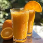 Suco detox de gengibre e laranja em um copo com gelo, decorado com folhas de hortelã.