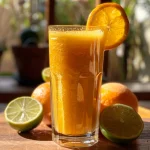 Close-up view of a glass filled with bright orange detox juice, garnished with slices of orange and ginger.