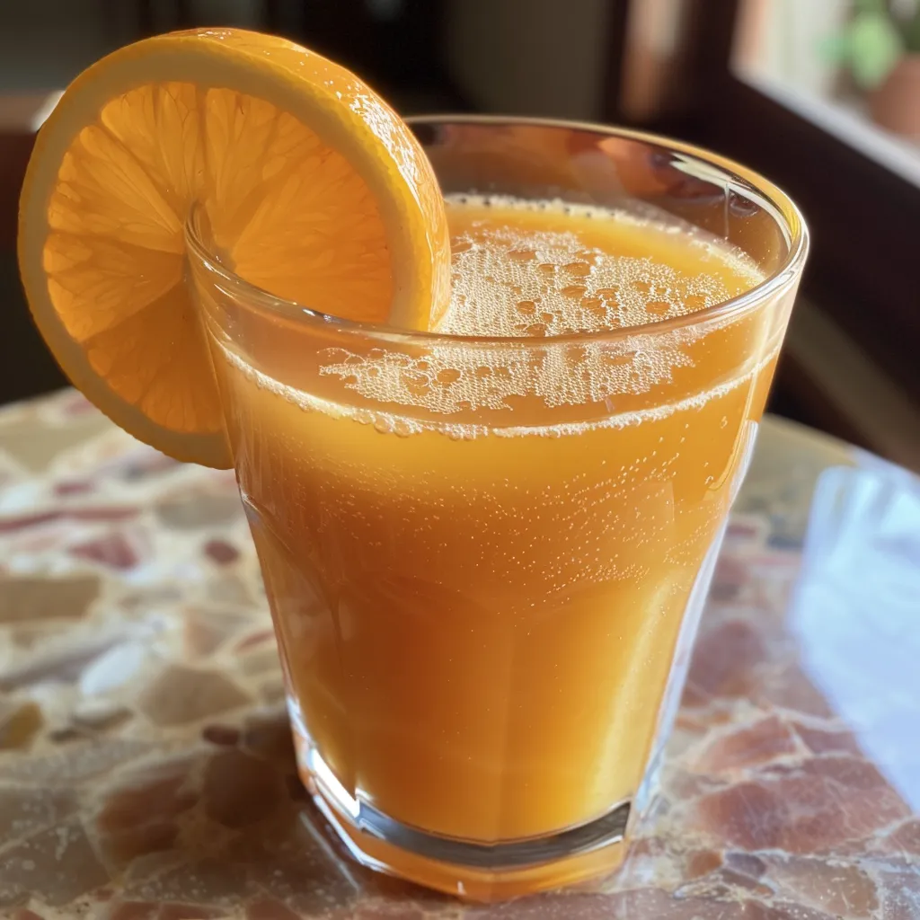 Side view of a refreshing orange detox drink with vibrant colors and fresh ingredients, including ginger and carrot.