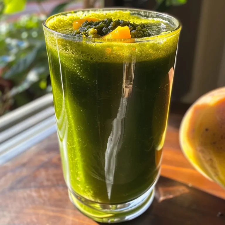 Close-up de um suco verde em um copo, com ingredientes visíveis ao fundo.