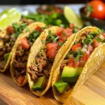 Tacos recheados com abacate e atum, apresentados em um prato.