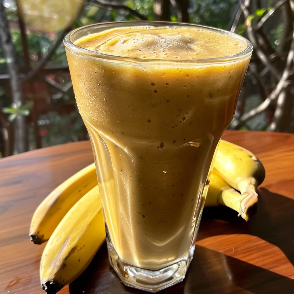 Side view of a vibrant vitamin drink with banana and strawberries.