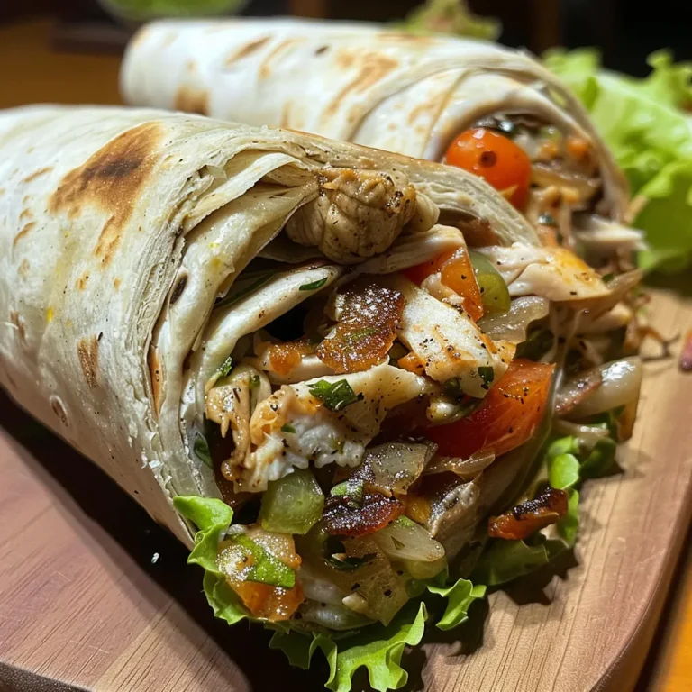 Um wrap de frango e legumes com ingredientes frescos visíveis.